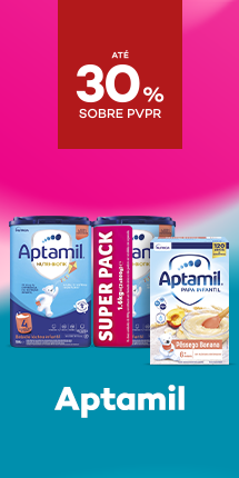 Marca Aptamil com destaque promocional de at&eacute; 30% sobre pre&ccedil;o de Venda ao P&uacute;blico Recomendado